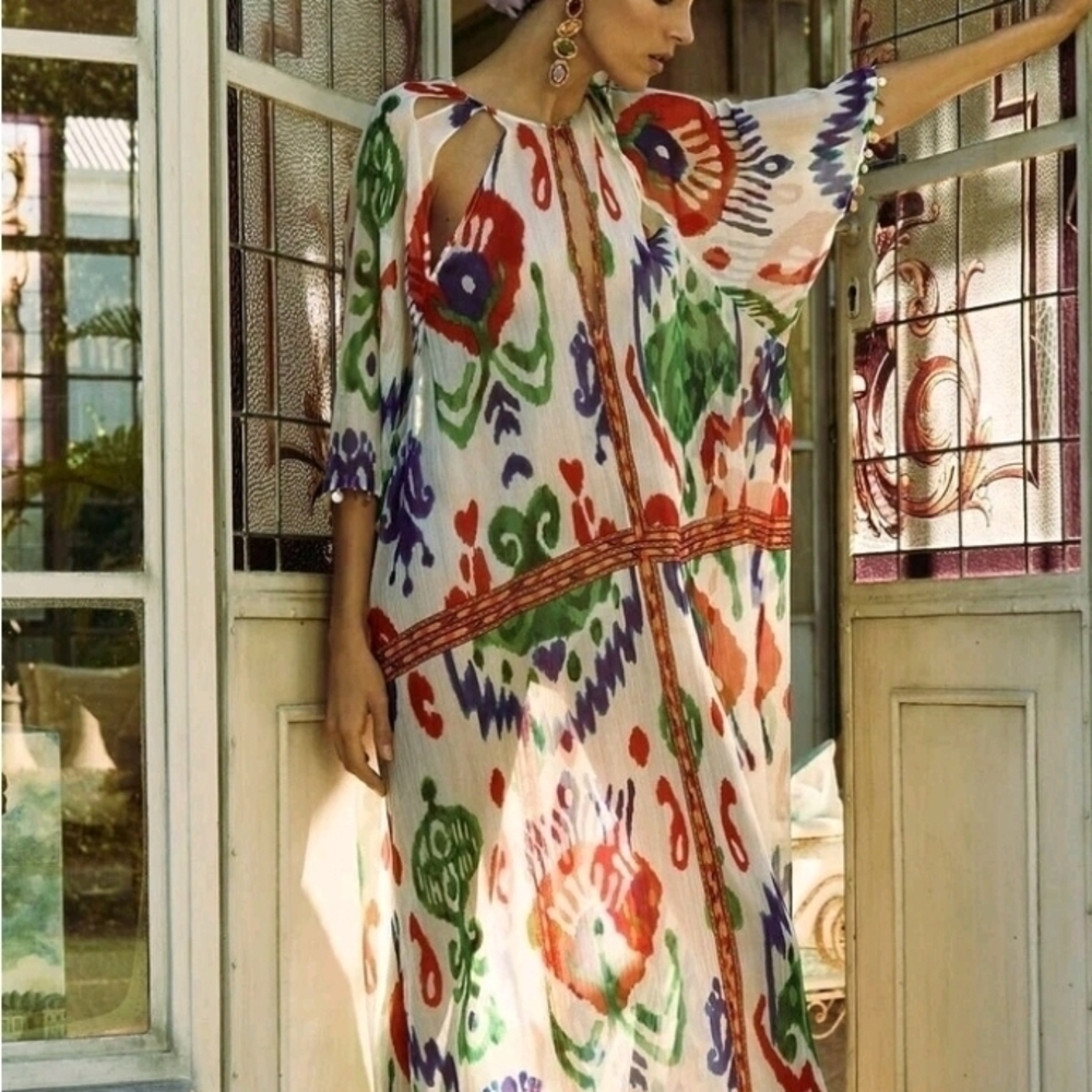 Zara Long Beaded Print Kimono Kaftan Sheer Colorful Beach Coverup Xs - Picture 2 of 9